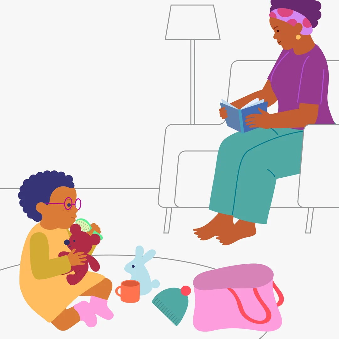 Illustration for “Animal Playtime”, step 4: Say, “Now you can play with the toys however you want!” Leave your child to play independently for a few minutes.
