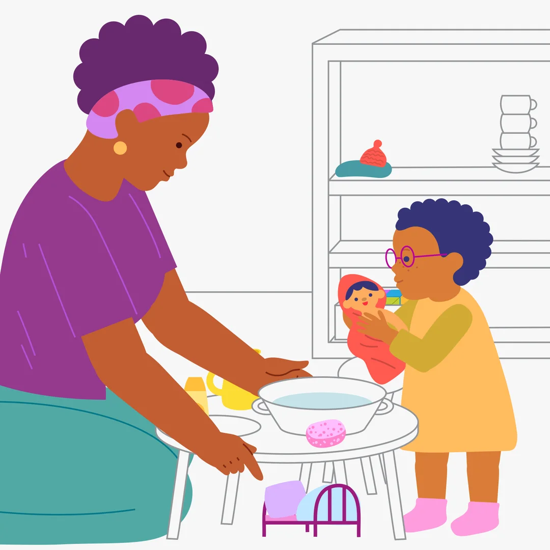 Illustration for “Bath Time for Dolly”, step 4: Say, “Dolly is now clean and dry.