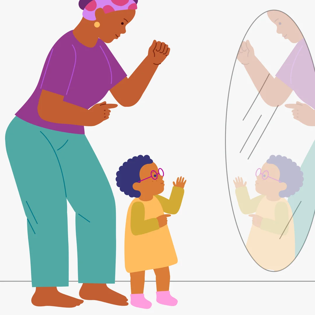 Illustration for “My Body: Show and Tell!”, step 1: Suggest, “Let’s play Head and Shoulders!” In the tips, you will find the complete lyrics of the song.