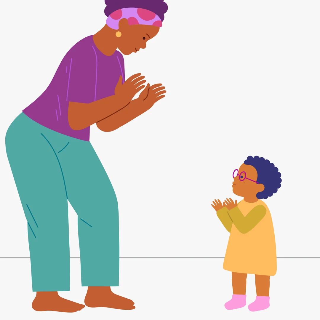Illustration for “Loud and Quiet”, step 1: Prepare in advance: The rhyme "Loud and quiet" with movements (text below), and a bit of free space (a room, a play area).
