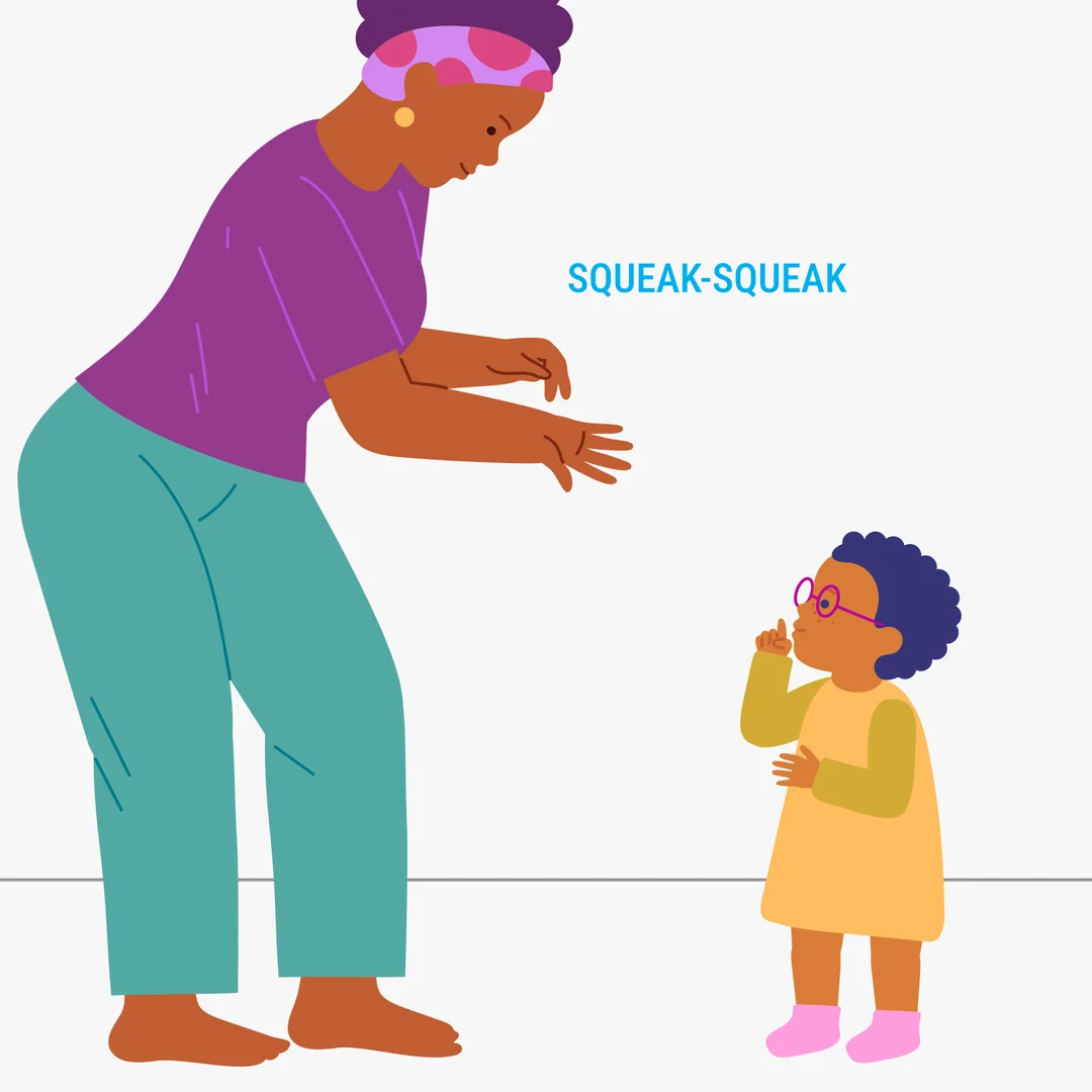 Illustration for “Loud and Quiet”, step 2: Speak quietly (in a whisper): A tiny mouse goes squeak, squeak, squeak (Curl the fingers of one hand, the “mouse” runs across the palm of your other hand.) So very, very quiet.