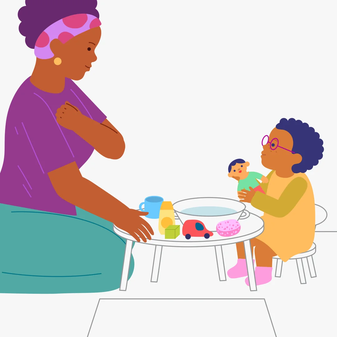 Illustration for “Getting Dolly Ready for Her Bath”, step 1: Prepare for the game: a doll (Dolly), a small tub for bathing or a basin, a waterproof mat for the floor, and a set of familiar items and toys (including both bathing essentials l