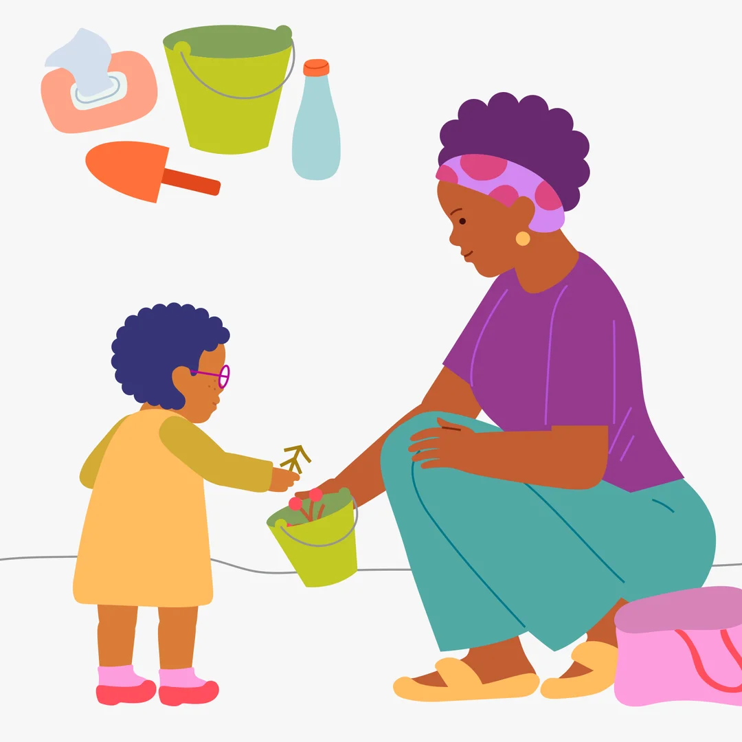 Illustration for “Sandbox Adventures: Planting Trees in the Wet Sand”, step 1: Pack these things in your walk bag: Your child’s usual outdoor toys - A bucket - A spade - A bottle of water - Hand wipes During the walk, invite your child to
