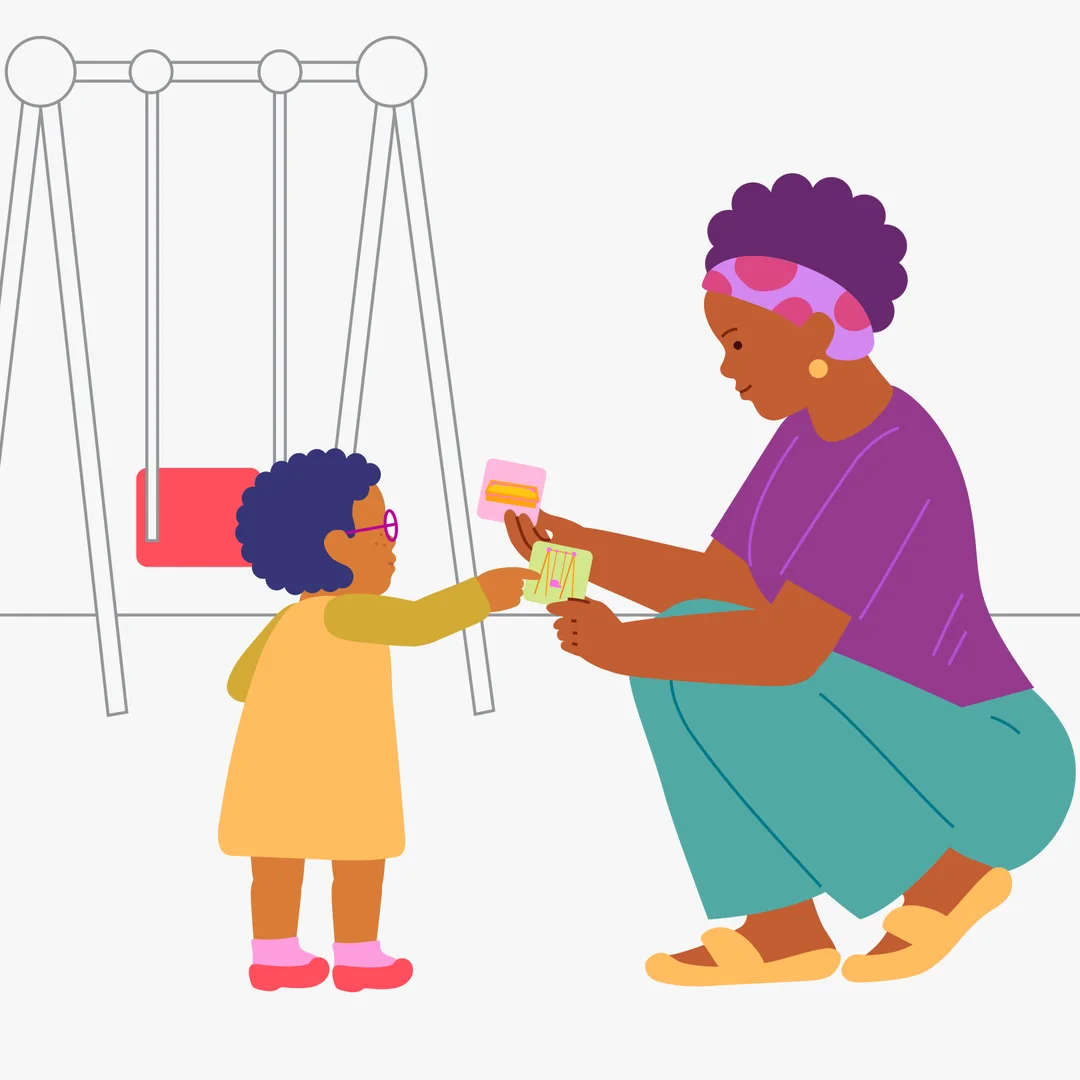 Illustration for “Walk Fun”, step 4: After playing on the slide, say: “You just went on the slide.