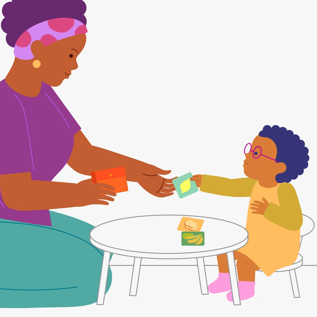 Illustration for “Making Plans for Tomorrow”, step 3: Lay out the food pictures in front of your child (or the large picture with foods): — “Let’s decide what we will buy tomorrow.” Let your child choose and name the foods.