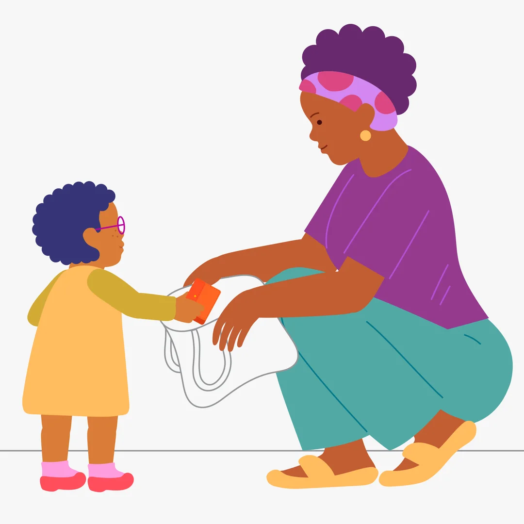 Illustration for “Making Plans for Tomorrow”, step 4: Invite your child to put the chosen pictures into the wallet/bag/envelope: — “Tomorrow we will take the pictures to the store.