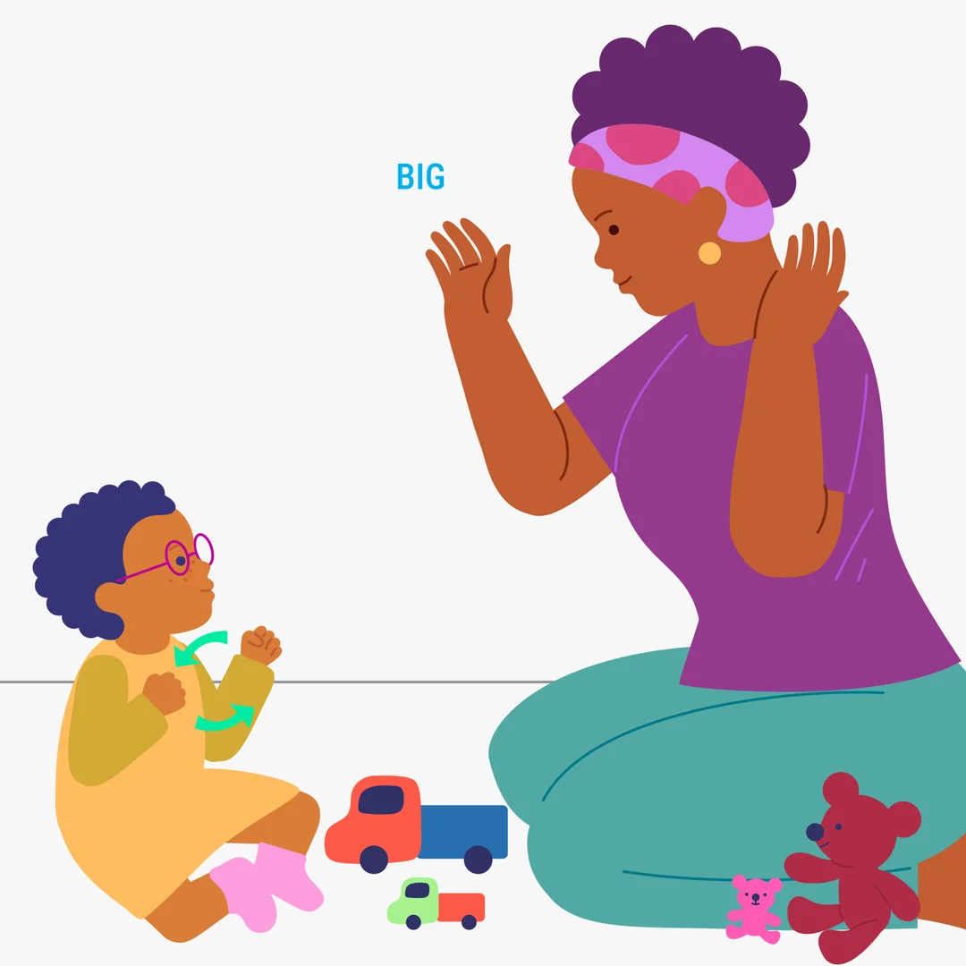 Illustration for “Big and Small”, step 1: Prepare two cars: one big and one small, and two toys: a big bear and a small bear (or similar toys).
