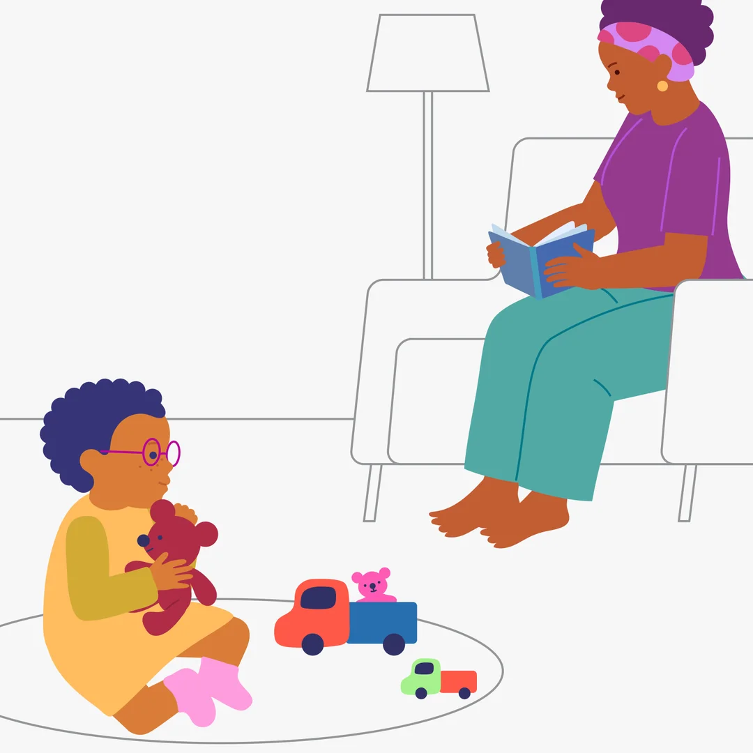 Illustration for “Big and Small”, step 4: Let your child play independently, move the bears around, and drive the cars.