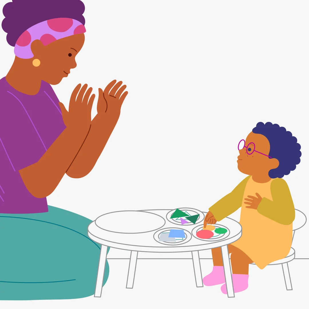Illustration for “Sort It onto the Plates”, step 4: After sorting, ask: “Show me where the circles are.
