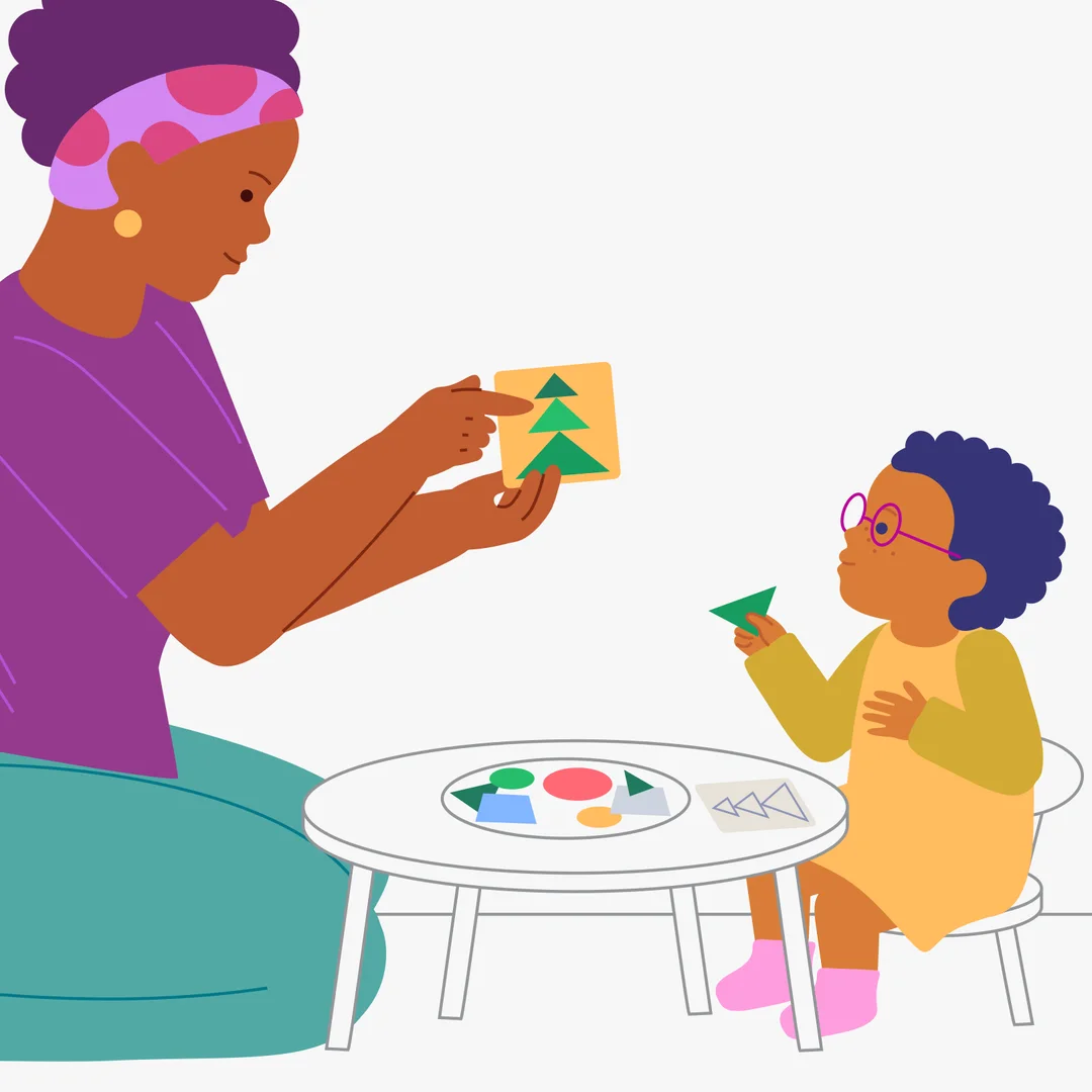 Illustration for “Make a Pretty Picture”, step 2: Give your child the tray with the geometric shapes: “Look at the shapes.