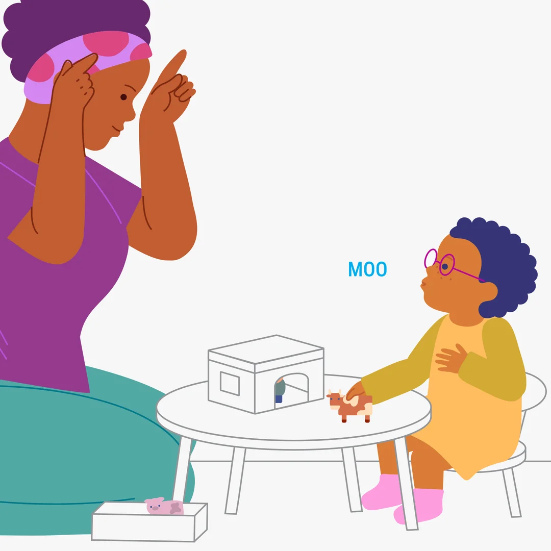 Illustration for “A Box of Farm Fun! Singing "Old MacDonald Had a Farm"”, step 2: Put the cow on the table and start the song: "Old MacDonald had a farm, E-I-E-I-O!