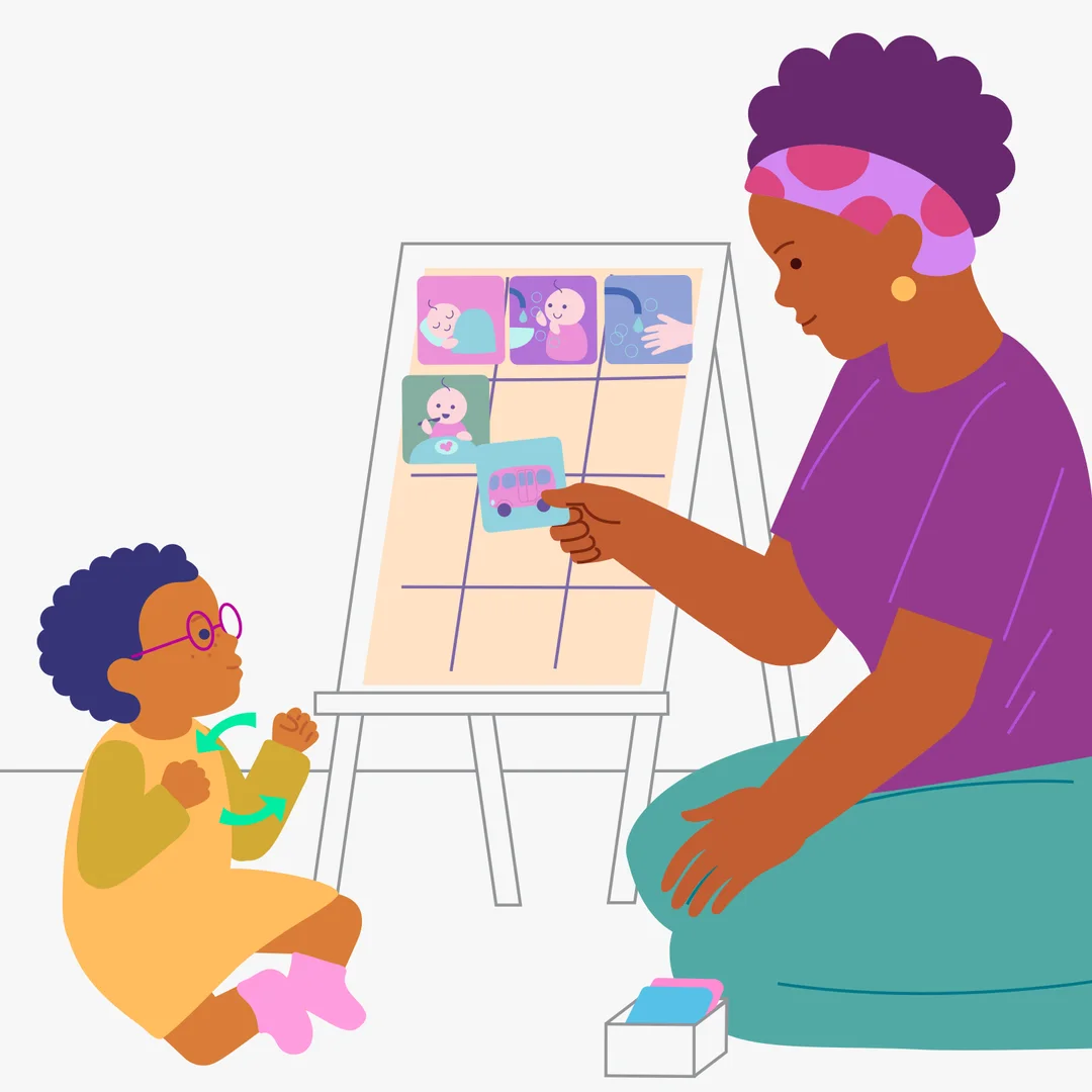 Illustration for “Our Event Calendar”, step 3: Praise your child and say that something very interesting will happen later, and put in front of your child one of the “special events” pictures, for example, “bus”: — “And then something inter