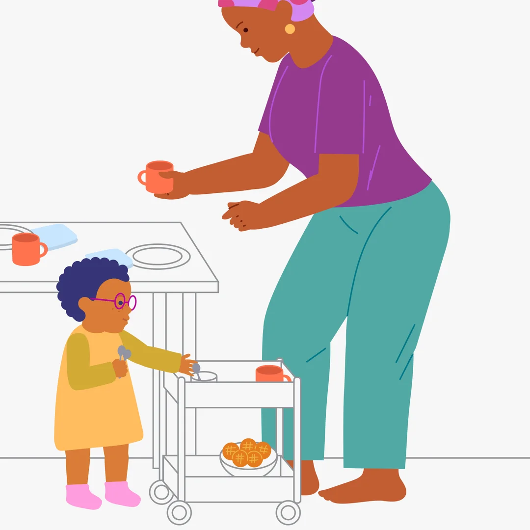 Illustration for “Family Meal”, step 2: Sum up: “There is a napkin next to each plate.”.