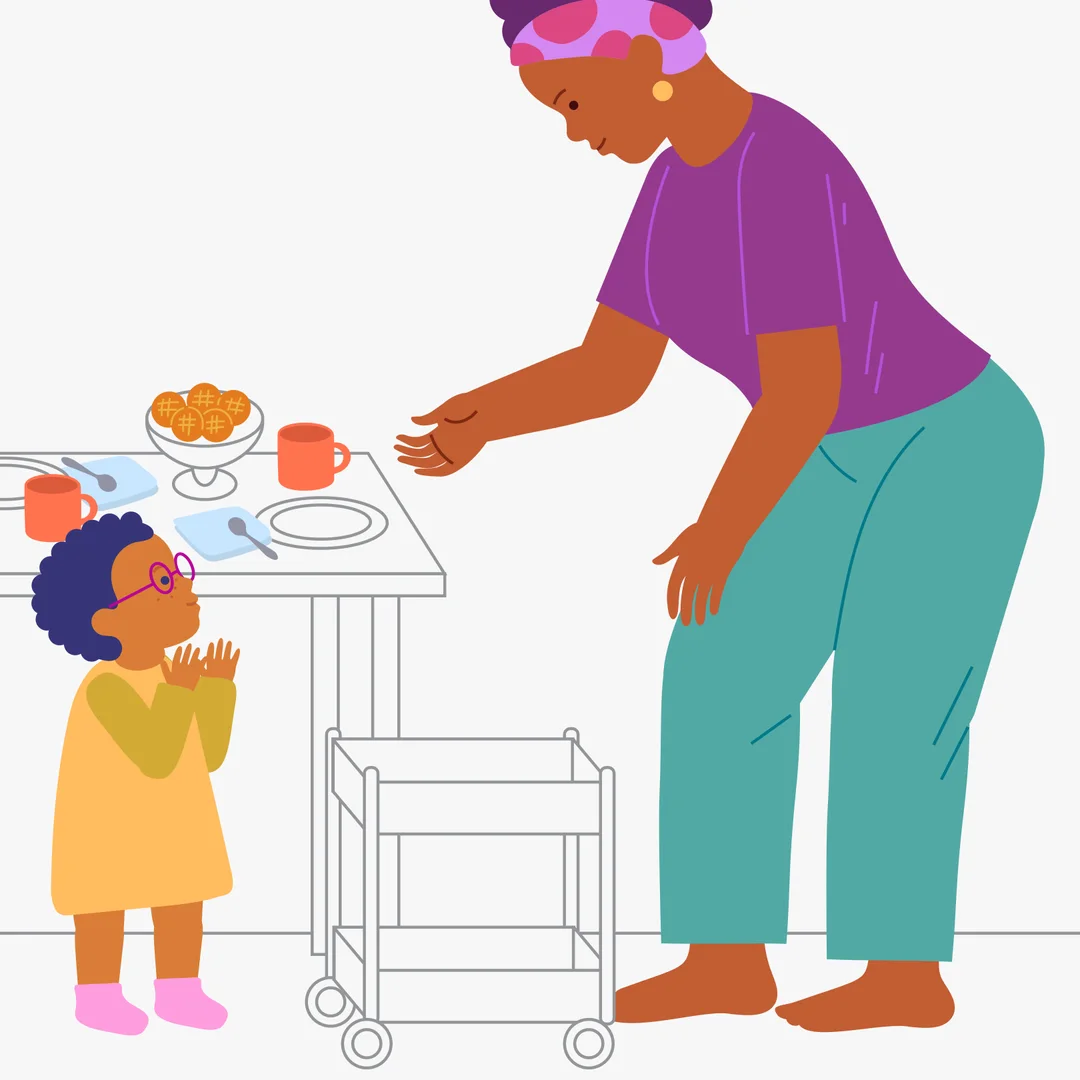 Illustration for “Family Meal”, step 3: Put the teapot with tea and the cookies on the table.