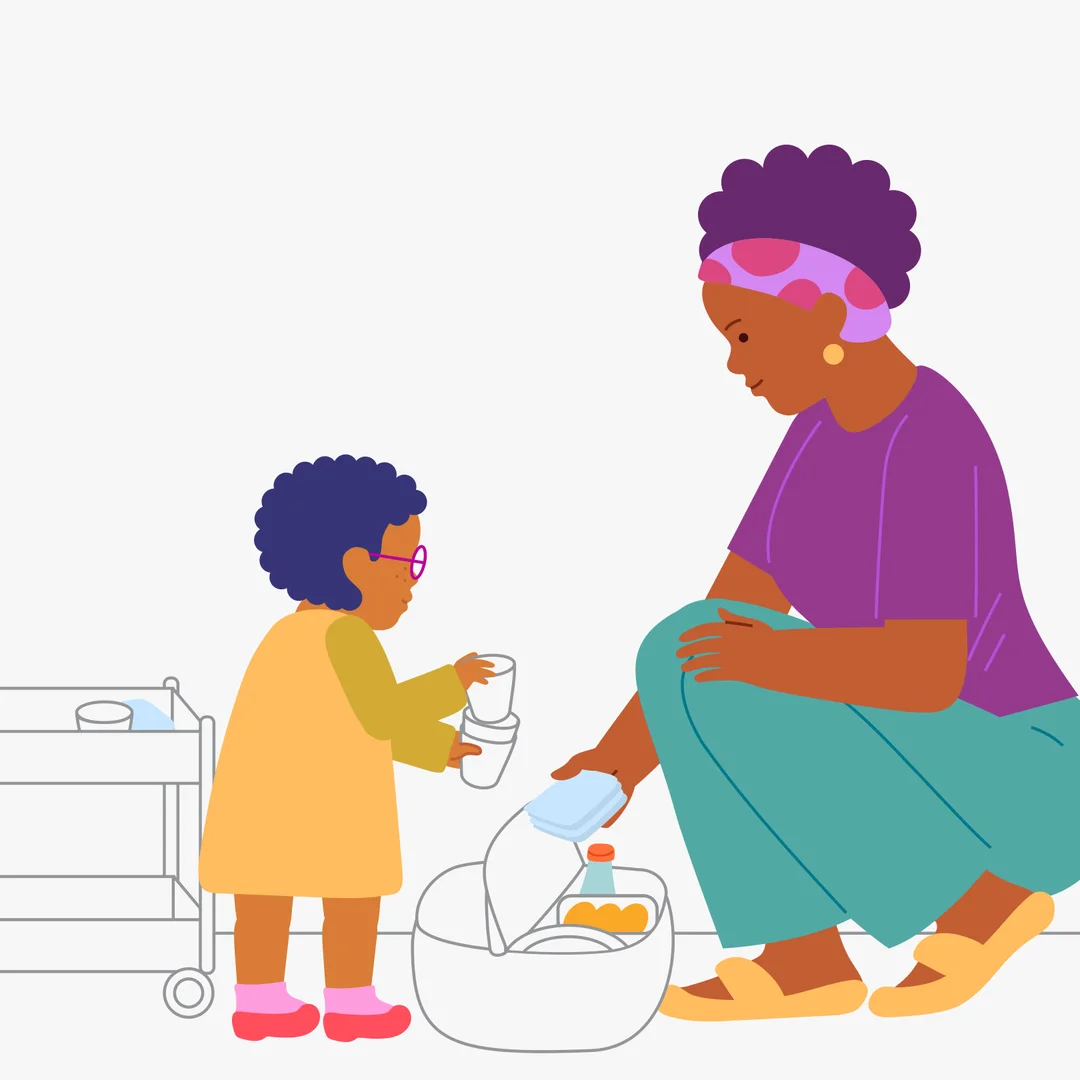 Illustration for “Going on a Picnic”, step 3: Talk about it together with your child: “What will we eat from: plastic plates or something else?” “What should we take — cups or beakers?