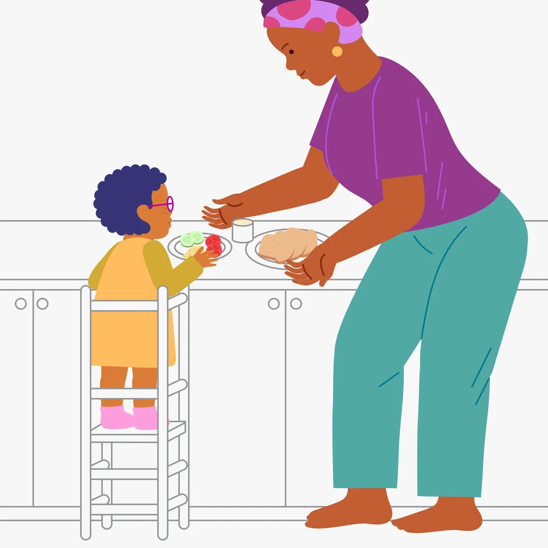 Illustration for “Making Sandwiches”, step 1: For the activity, you need to prepare a step-stool tower or another stable, safe platform for your child, sliced bread, spreadable or cream cheese or sliced cheese or ham, and fresh cucumbers or