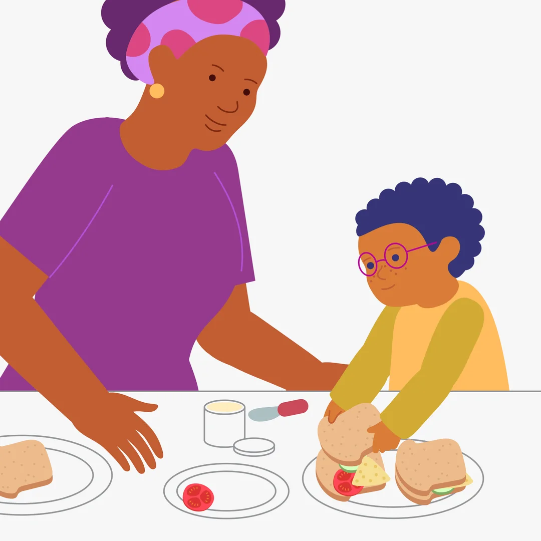 Illustration for “Making Sandwiches”, step 4: An adult cuts the cucumber or tomato into slices.