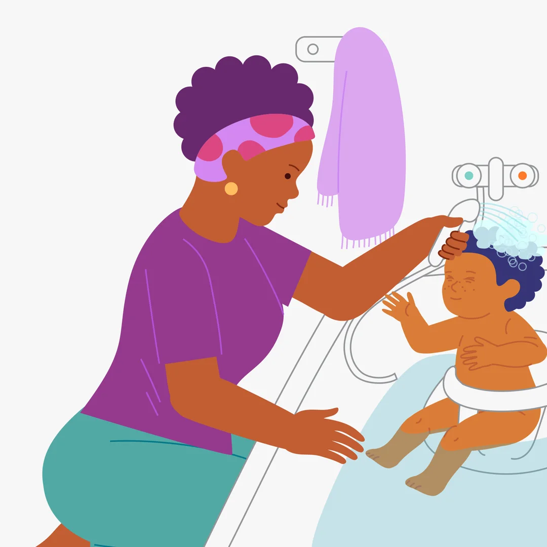Illustration for “Shampoo Time!”, step 3: If you have one, put a bath visor on your child, or first cover your child’s eyes with your hand: “Cover your eyes with your hands and I will pour the water!”.