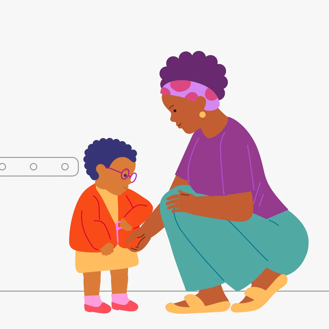 Illustration for “Going for a Walk: Zipping Up the Jacket”, step 2: Help your child using step‑by‑step instructions: The adult connects the sides of the zipper: “I’ll put the zipper pin in here to connect the two sides.” Help the child hold