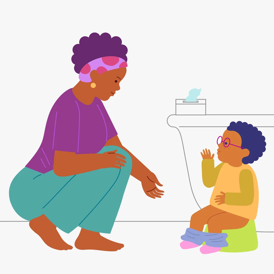 Illustration for “Toilet Time: What's Happening to Me?”, step 2: Tell the child: “You need to sit on the potty.” Help the child quickly get to the potty.