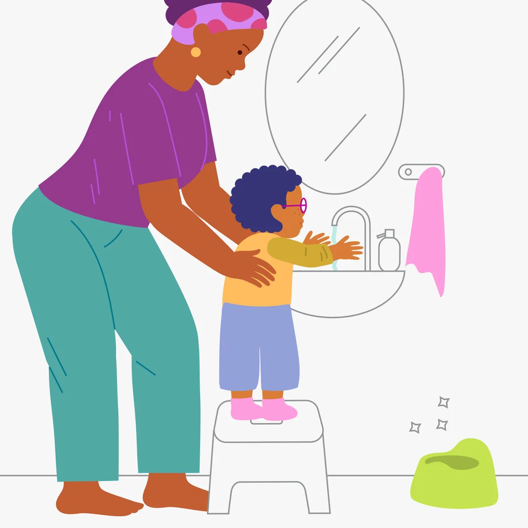 Illustration for “Potty Training: I Can Do It!”, step 4: Comment on the next actions while cleaning the potty, for example: “We pour the potty into the toilet, fill it with water and pour it out again.