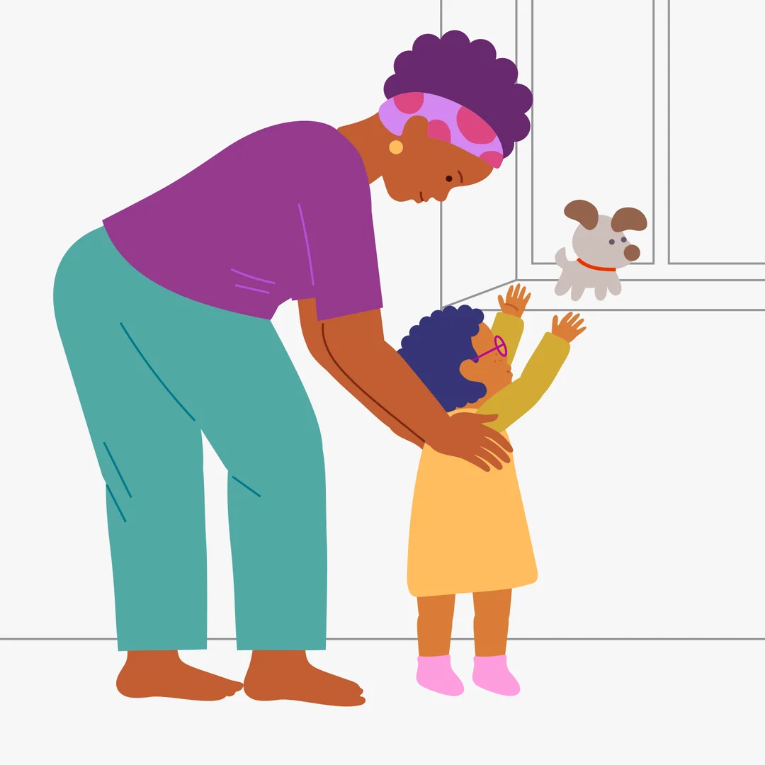 Illustration for “Find Your Toy”, step 4: When your child closes their eyes, hide the dog in a new place and repeat the rhyme: “One, two, one‑two — the game begins.