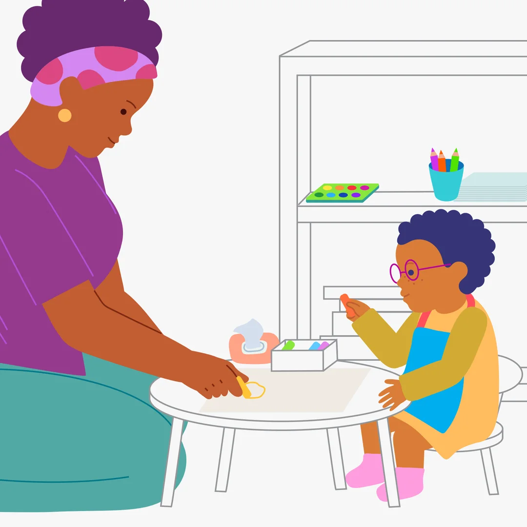 Illustration for “What Did We Make? Drawing Circles”, step 2: Sit down at the table and place a large sheet of thick paper in front of you.
