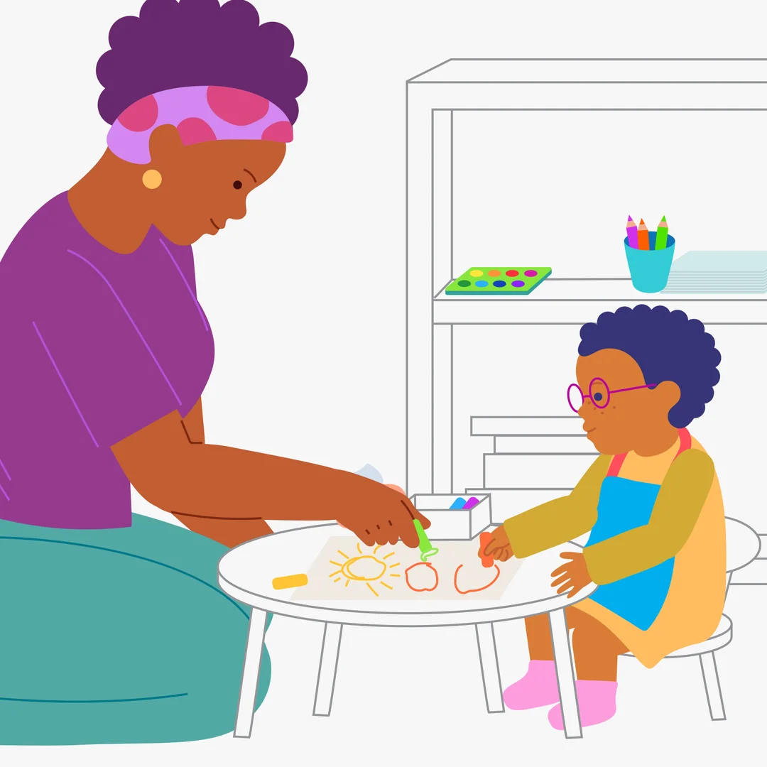 Illustration for “What Did We Make? Drawing Circles”, step 3: Then invite your child to try: “Now you draw a circle!” Praise their effort right away: “Well done!