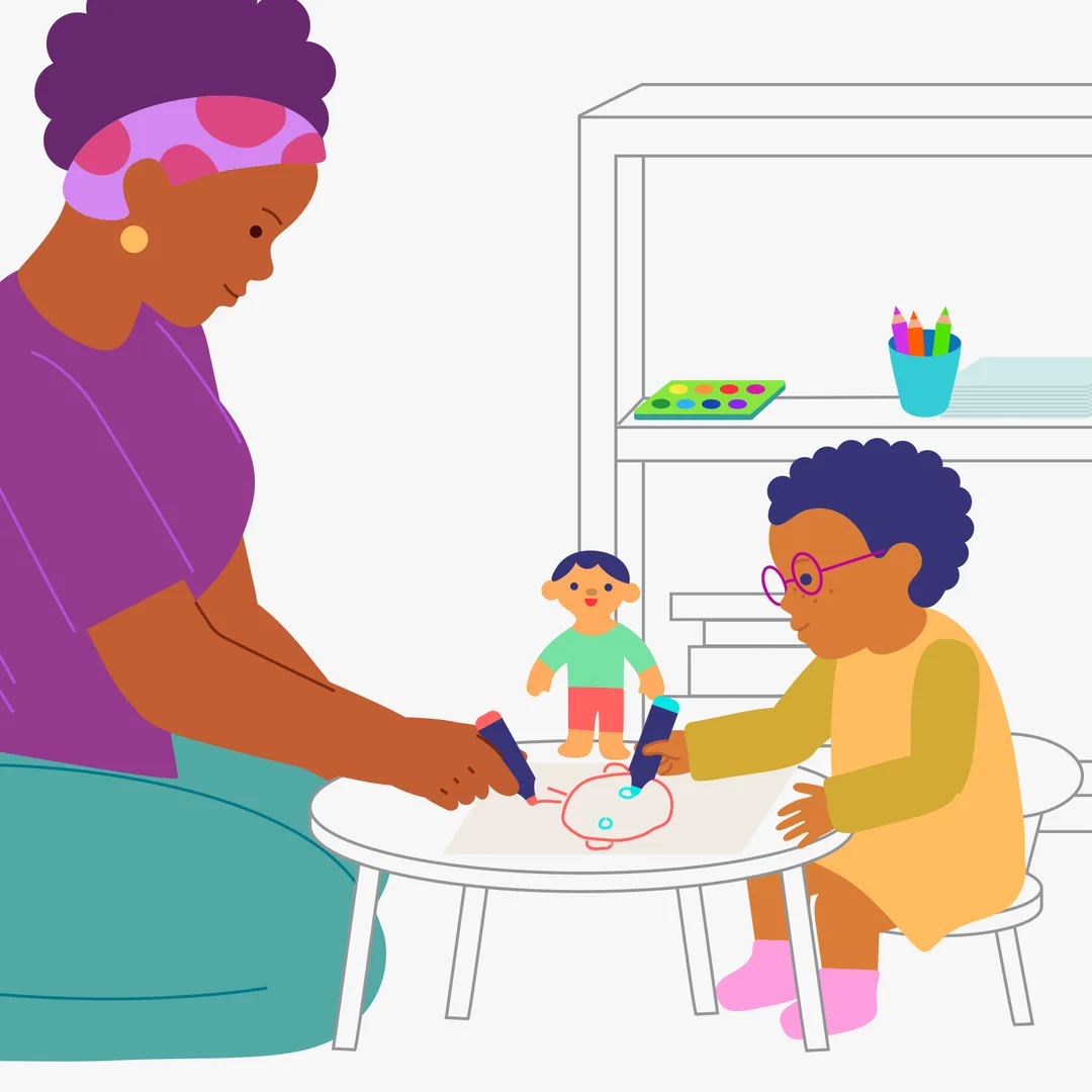 Illustration for “Drawing a Face”, step 2: Start drawing and talk about what you’re doing, inviting your child to take part in the conversation.