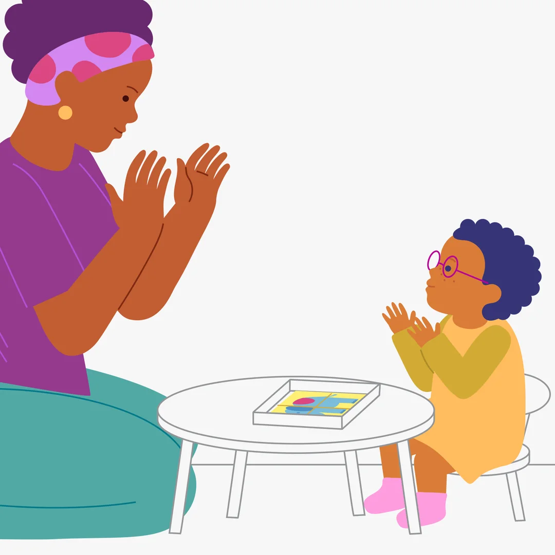 Illustration for “Puzzle Time”, step 3: Invite the child to practice a little more: “Let’s mix the pieces again.