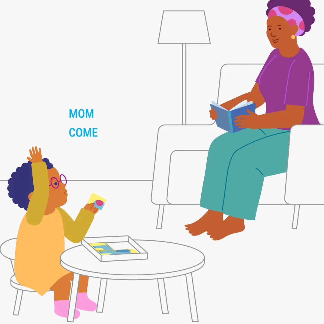 Illustration for “Puzzle Time”, step 4: Offer again: “Now put the picture together by yourself!”  Separate the pieces and mix them on the table: “Shurum-burum-shurum-burum!