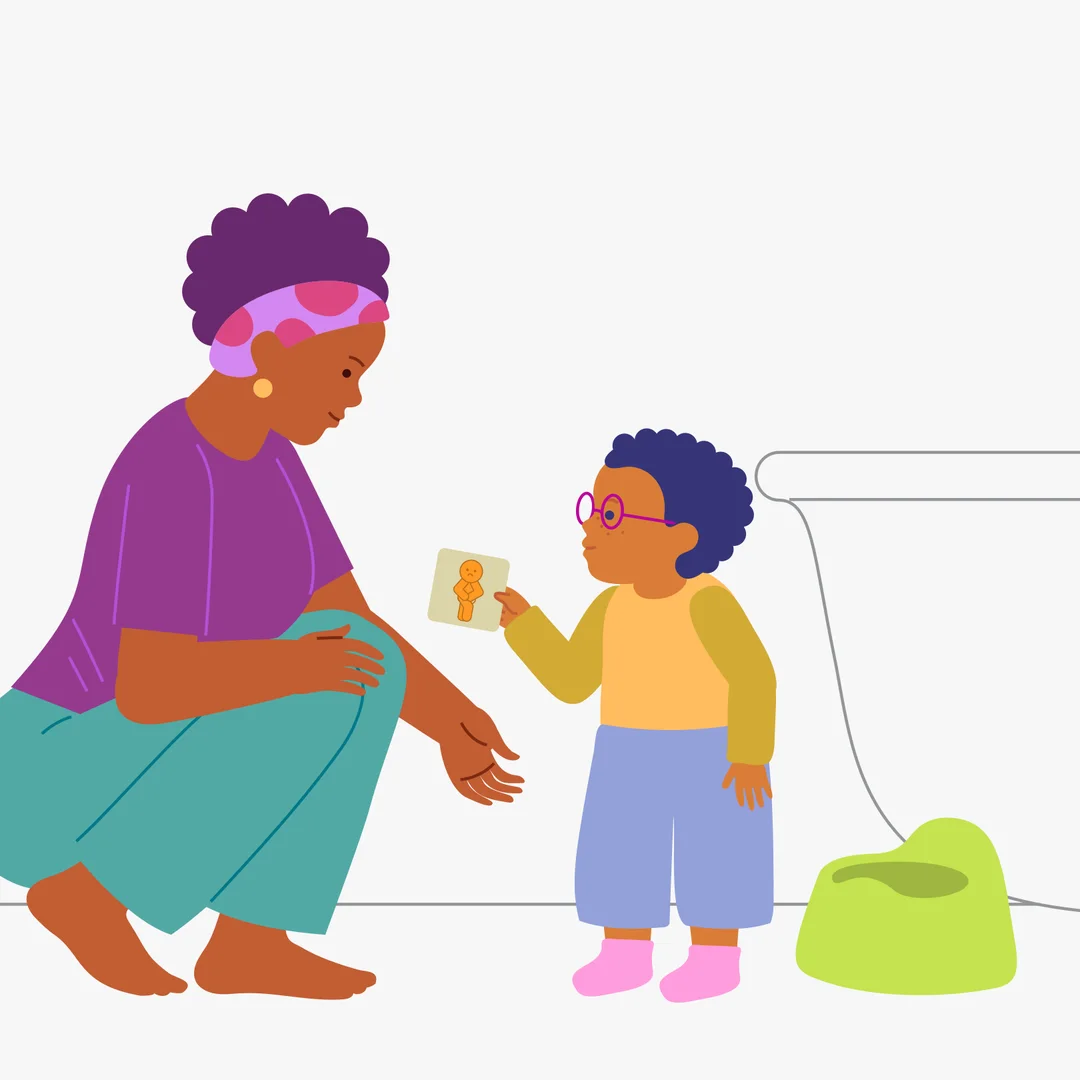 Illustration for “Potty Time: A reminder for your child”, step 3: At the end of the procedure, praise the child, drawing attention to clean underwear: "Well done, you went to the potty/toilet, your underwear are clean!" If an accident happ