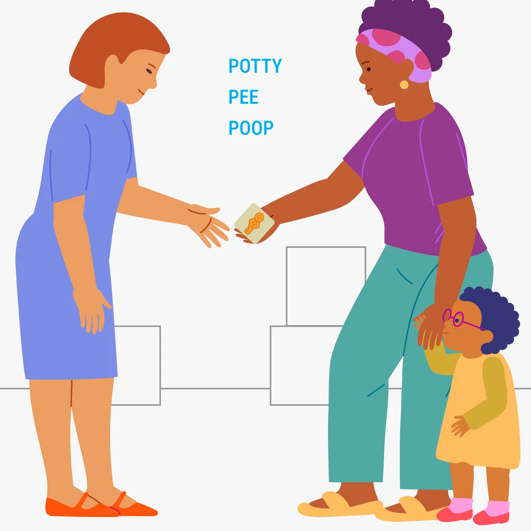 Illustration for “Potty Time: A reminder for your child”, step 4: If your child attends a daycare or preschool, inform the staff about the toilet routine.